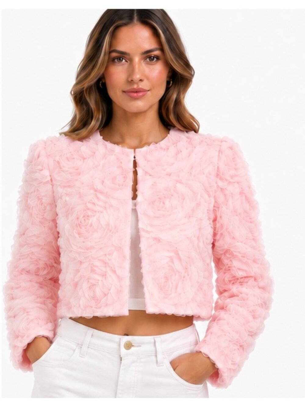 H&M Edition Pink 3D Rosette Cropped Jacket NWT Size L